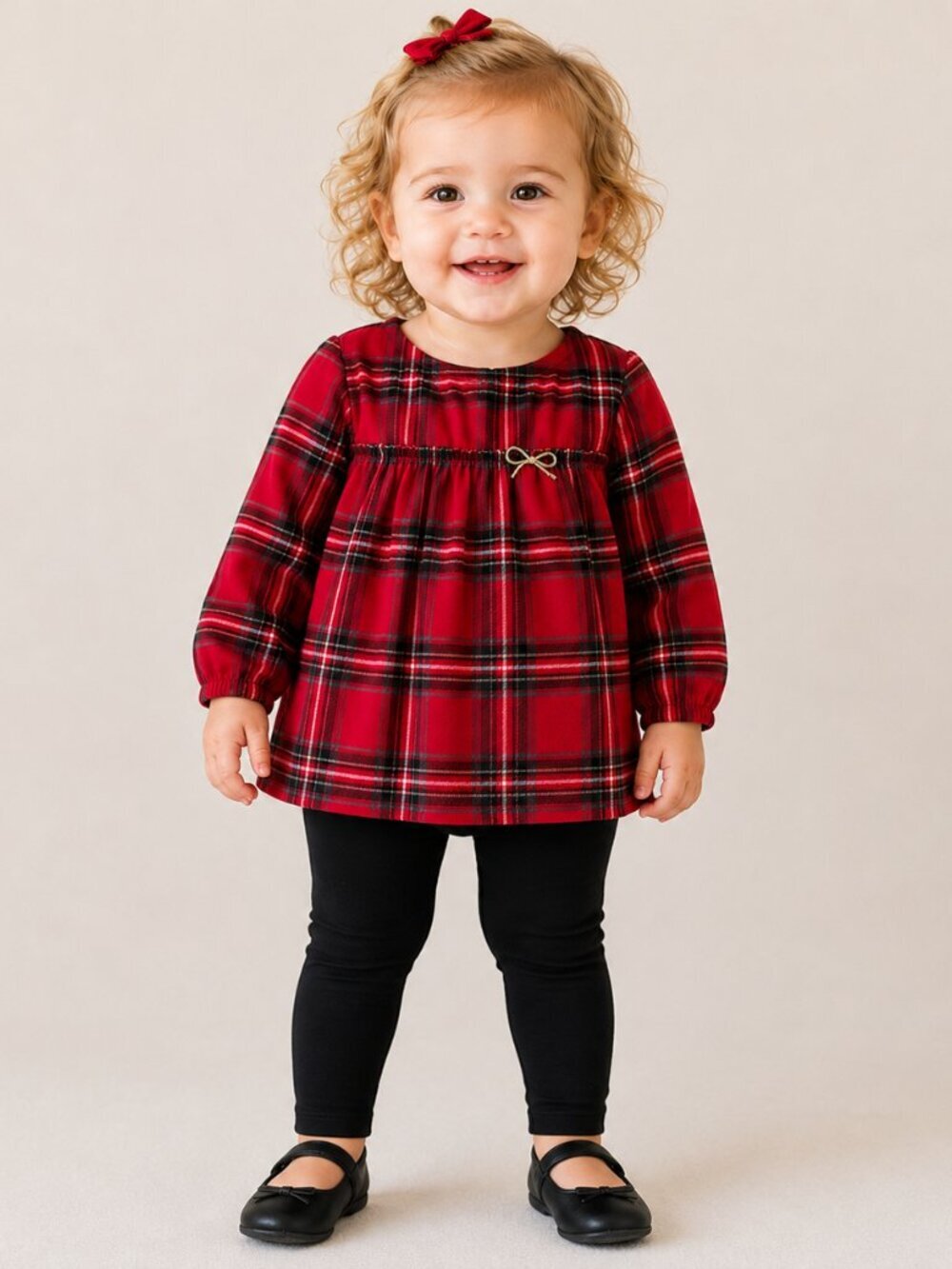 Carter's Red Tartan Plaid Girl’s Blouse with Smocked Yoke & Gold Bow Size 18 mos